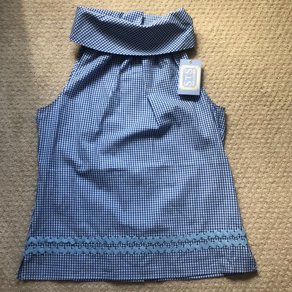 STS Cowl Neck Sleeveless Top Blue Gingham
